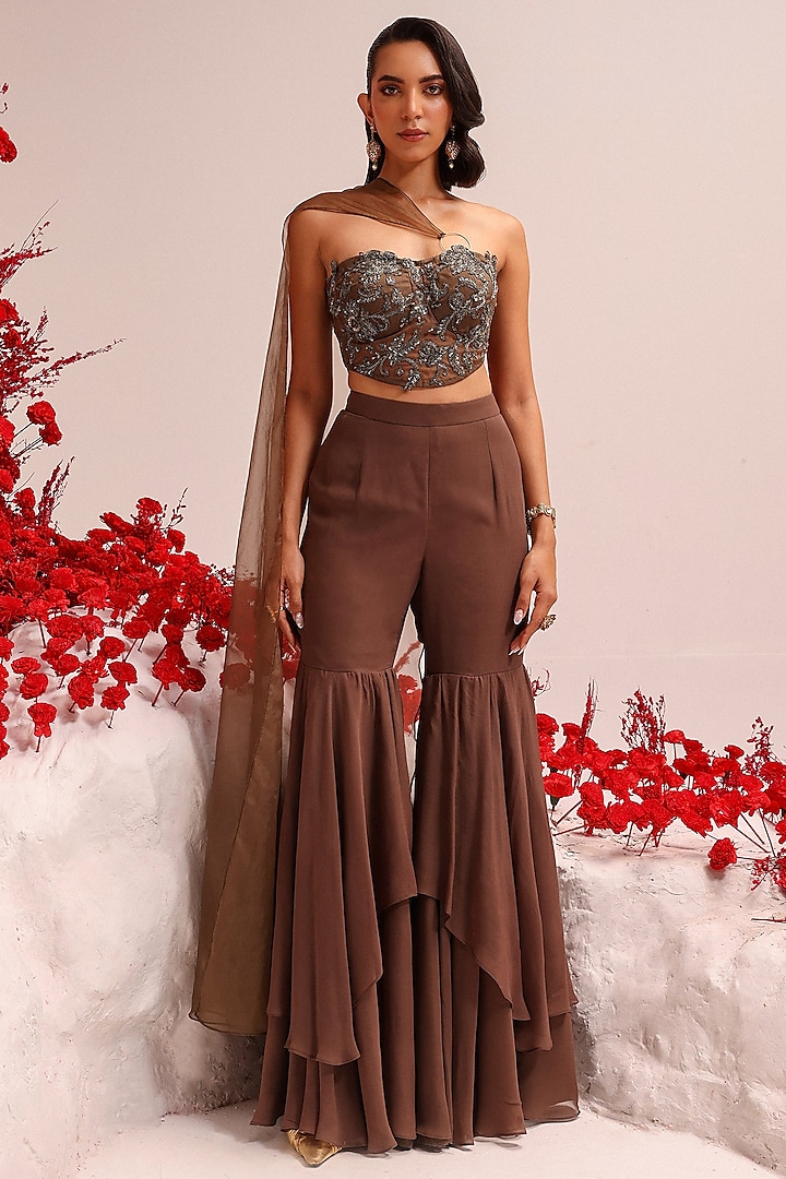 Brown Georgette Layered Sharara Set by Label Moni K at Pernia's Pop Up Shop