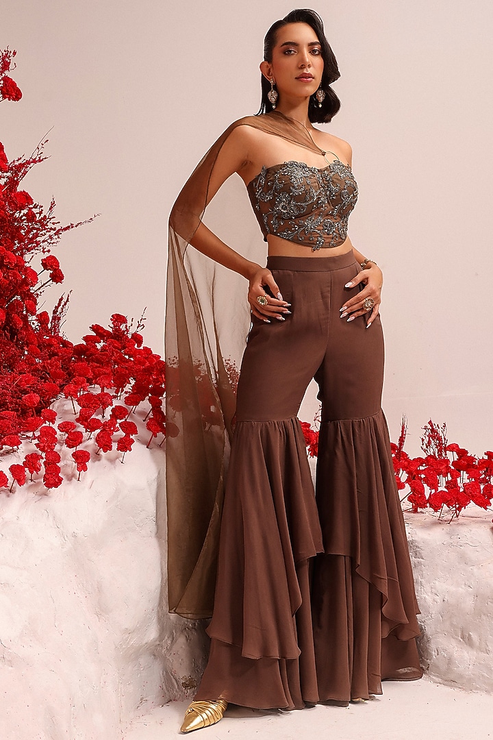Brown Georgette Layered Party Wear Sharara Set by Label Moni K at Pernia's Pop Up Shop