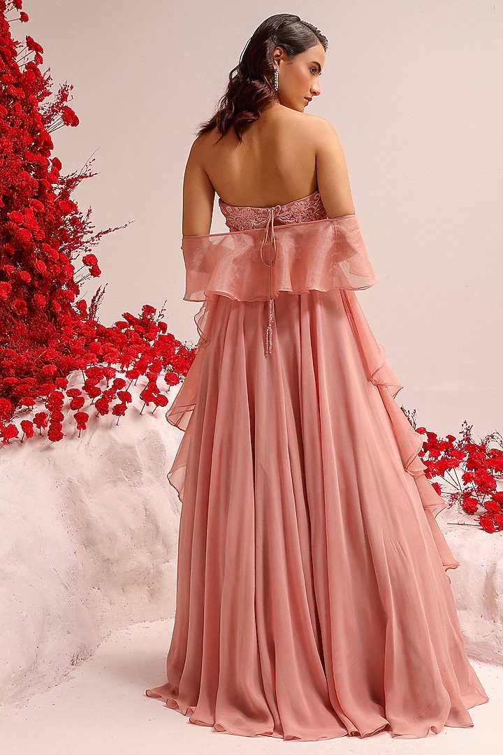 Blush Pink Georgette Crystal Work Party Wear Anarkali Set by Label Moni K at Pernia's Pop Up Shop