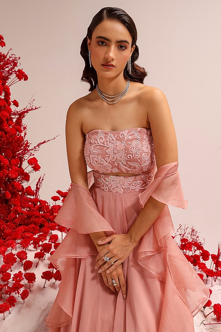 Blush Pink Georgette Crystal Work Party Wear Anarkali Set by Label Moni K at Pernia's Pop Up Shop