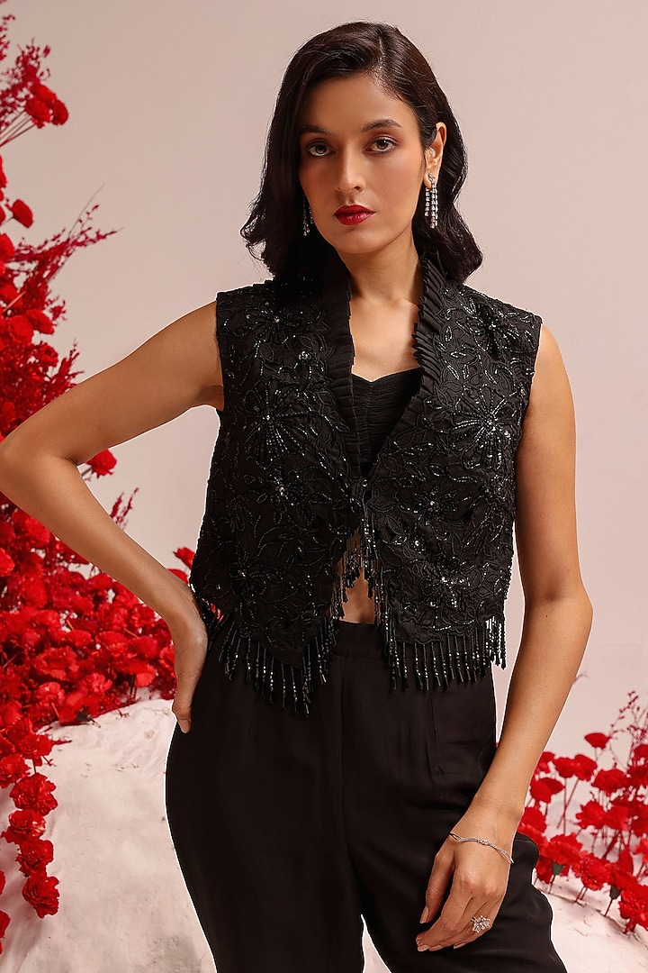 Black Organza Sequins Embellished Jacket Set by Label Moni K at Pernia's Pop Up Shop