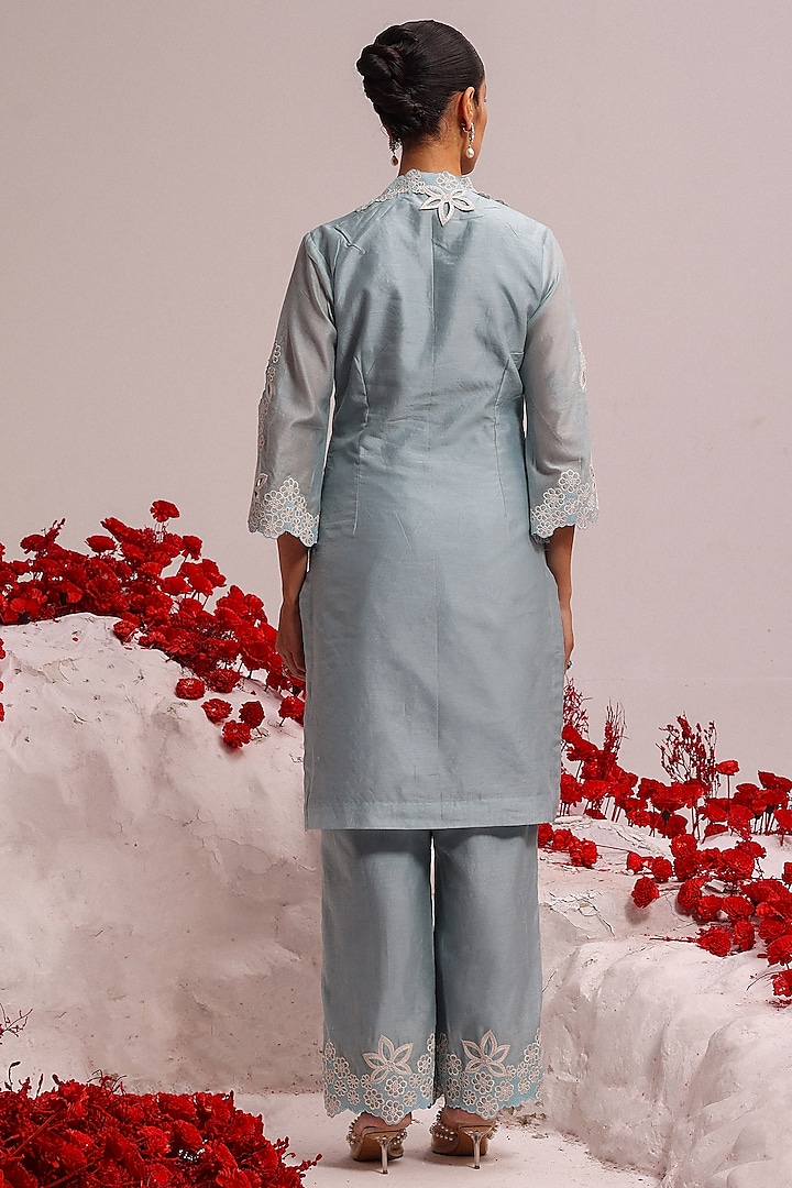 Powder Blue Silk Chanderi Cutwork Kurta Set by Label Moni K at Pernia's Pop Up Shop