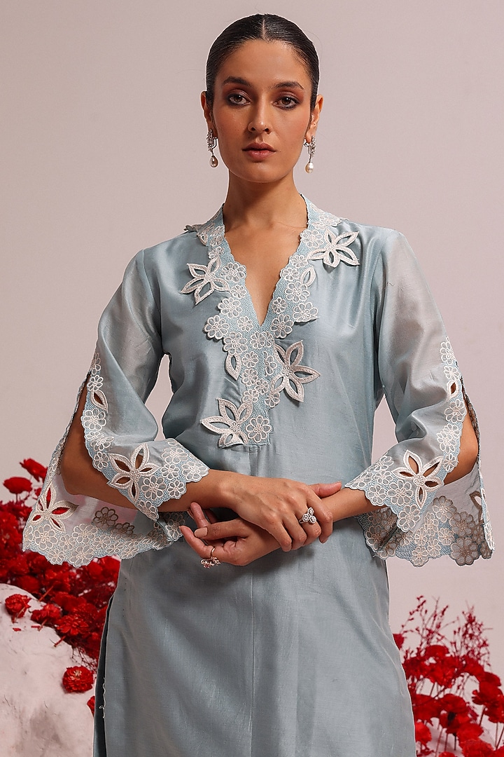 Powder Blue Silk Chanderi Cutwork Kurta Set by Label Moni K at Pernia's Pop Up Shop