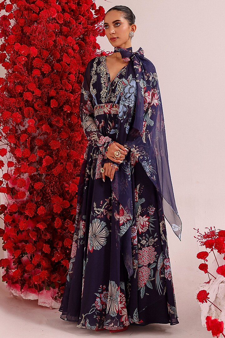Purple Georgette Printed & Handwork Party Wear Anarkali Set by Label Moni K at Pernia's Pop Up Shop