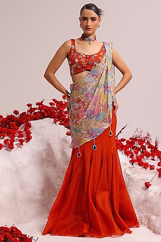 Rust Crepe & Organza Fish Cut Lehenga Set by Label Moni K