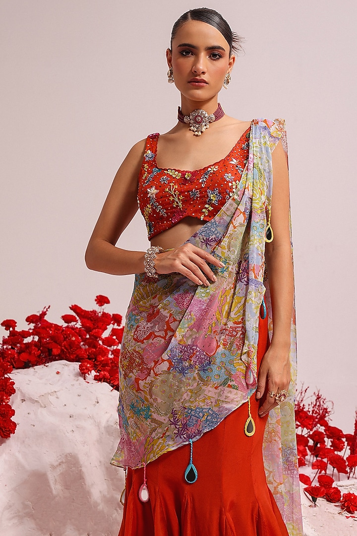 Rust Crepe & Organza Fish Cut Lehenga Set by Label Moni K at Pernia's Pop Up Shop