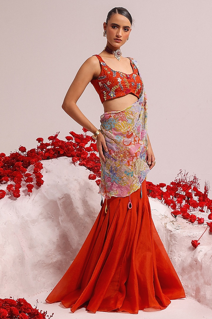 Rust Crepe & Organza Fish Cut Lehenga Set by Label Moni K at Pernia's Pop Up Shop
