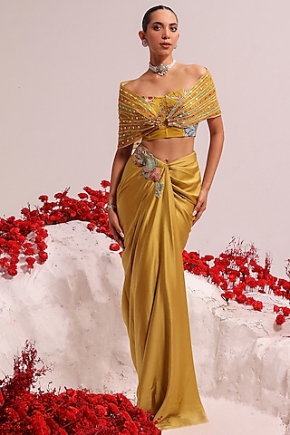 Yellow Georgette Printed Draped Skirt Set by Label Moni K