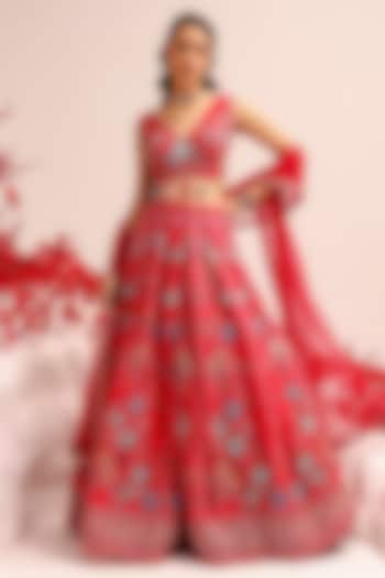 Fuchsia Organza Swarovski Work & Printed Lehenga Set by Label Moni K at Pernia's Pop Up Shop