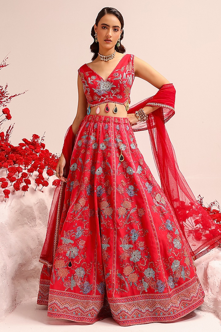 Fuchsia Organza Swarovski Work & Printed Lehenga Set by Label Moni K at Pernia's Pop Up Shop