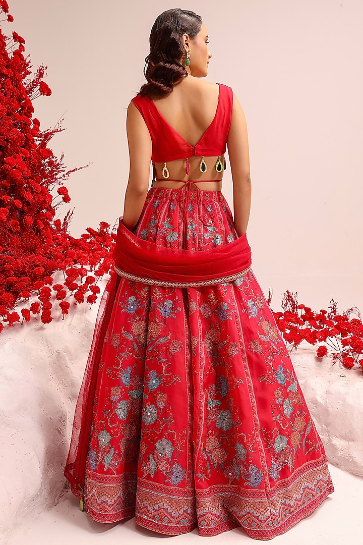Fuchsia Organza Swarovski Work & Printed Wedding Lehenga Set by Label Moni K at Pernia's Pop Up Shop