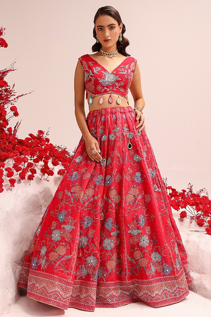 Fuchsia Organza Swarovski Work & Printed Wedding Lehenga Set by Label Moni K at Pernia's Pop Up Shop