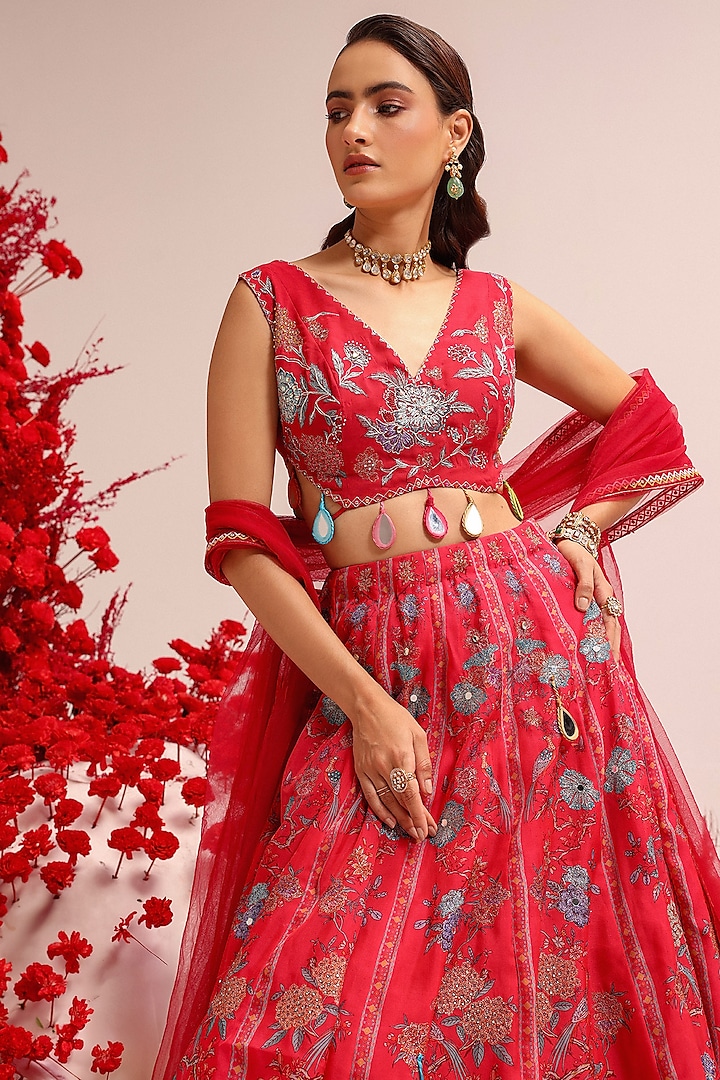 Fuchsia Organza Swarovski Work & Printed Wedding Lehenga Set by Label Moni K at Pernia's Pop Up Shop