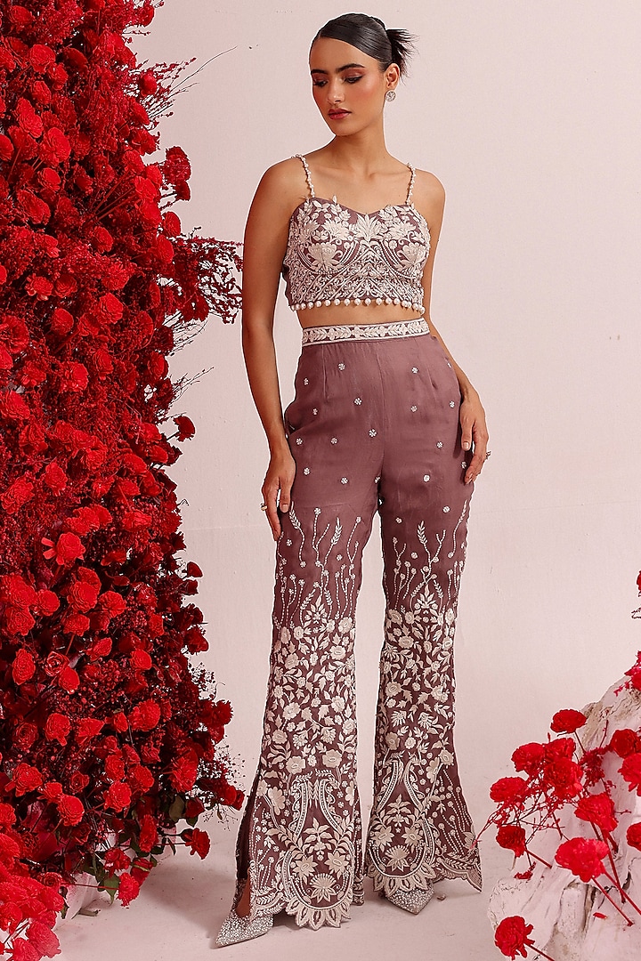 Dark Mauve Organza Pearl & Resham Work Co-Ord Set by Label Moni K at Pernia's Pop Up Shop