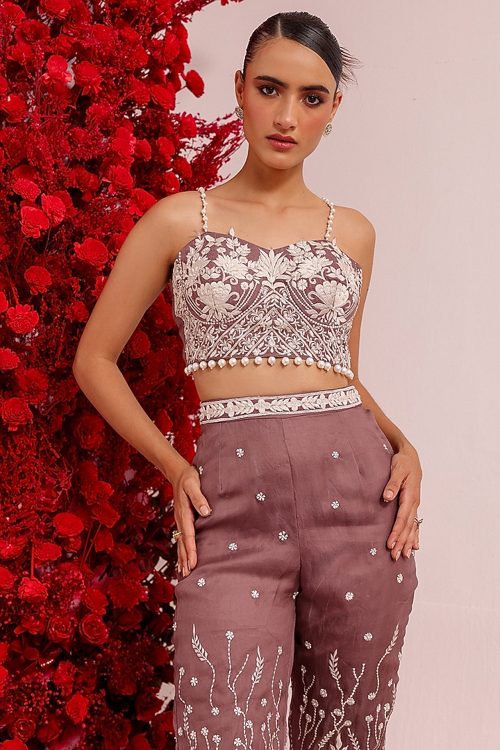 Dark Mauve Organza Pearl & Resham Work Co-Ord Set by Label Moni K at Pernia's Pop Up Shop