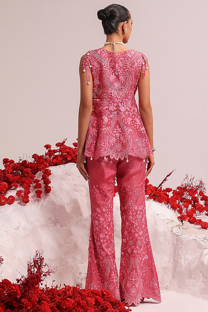 Candy Pink Organza Resham & Pearl Work Co-ord Set by Label Moni K at Pernia's Pop Up Shop