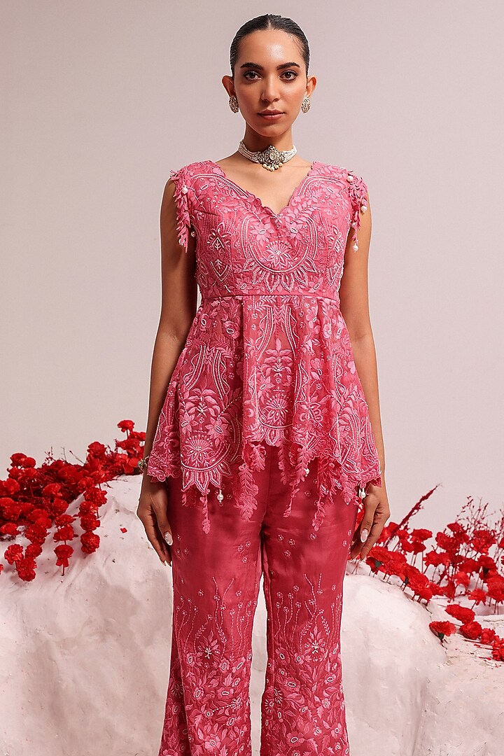 Candy Pink Organza Resham & Pearl Work Co-ord Set by Label Moni K at Pernia's Pop Up Shop