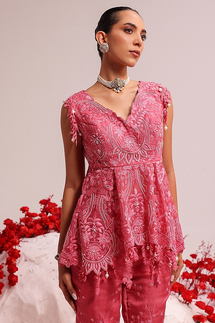 Candy Pink Organza Resham & Pearl Work Co-ord Set by Label Moni K at Pernia's Pop Up Shop