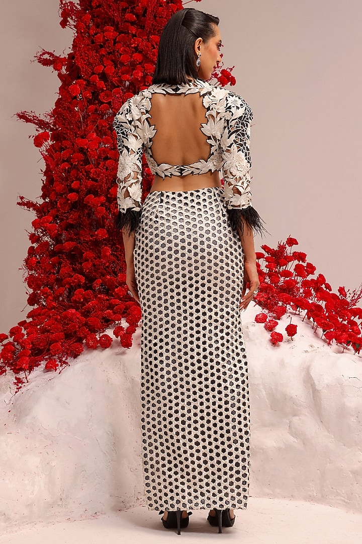 White & Black Net 3D Resham Patch Embroidered Skirt Set by Label Moni K at Pernia's Pop Up Shop