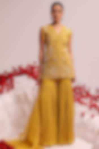 Yellow Georgette Sharara Set by Label Moni K at Pernia's Pop Up Shop