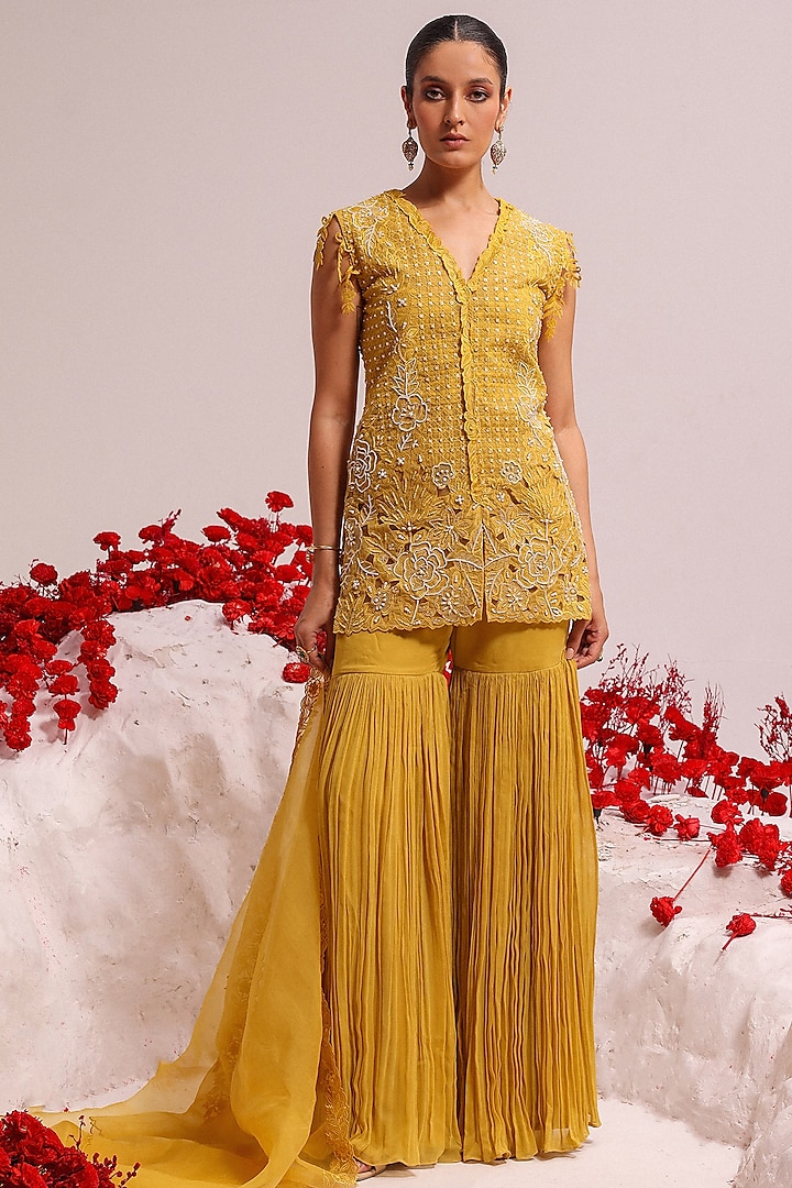 Yellow Georgette Sharara Set by Label Moni K at Pernia's Pop Up Shop