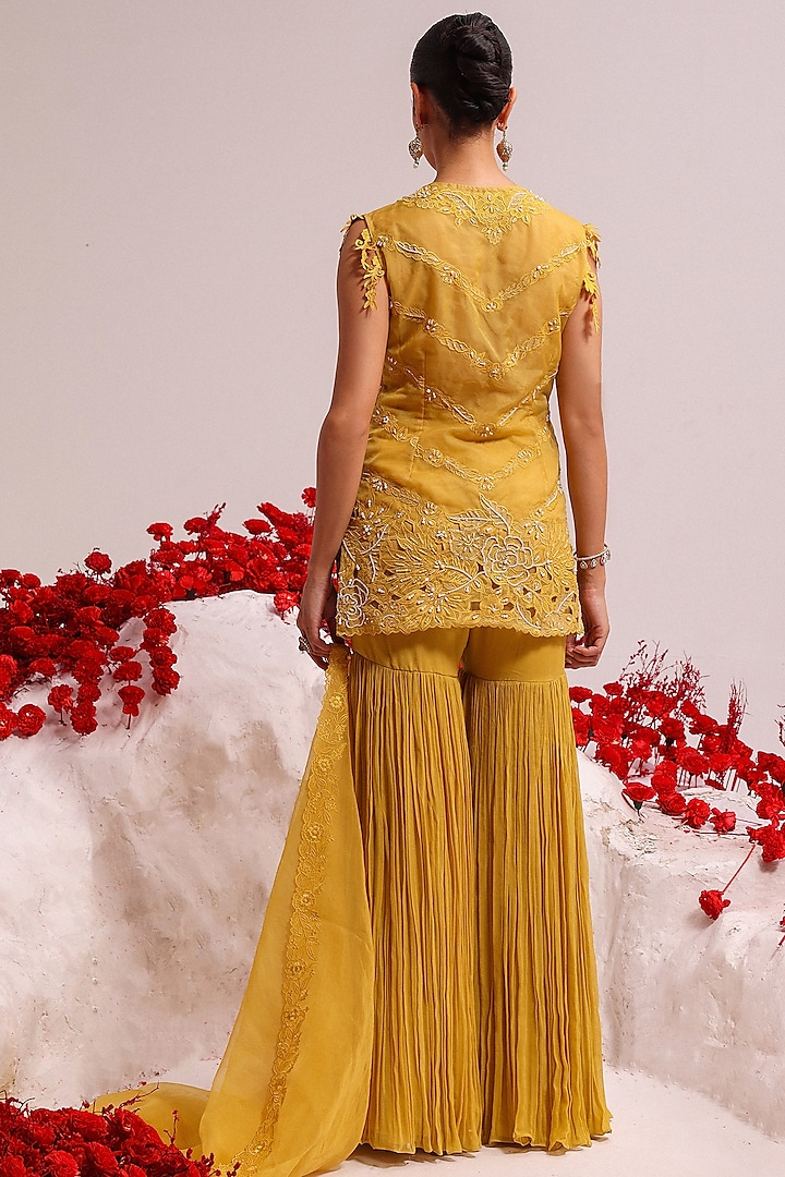 Yellow Georgette Wedding Sharara Set by Label Moni K at Pernia's Pop Up Shop