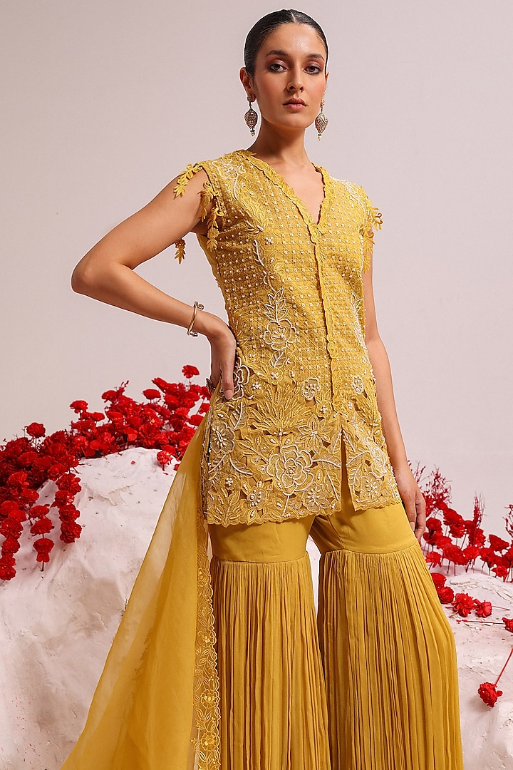 Yellow Georgette Wedding Sharara Set by Label Moni K at Pernia's Pop Up Shop