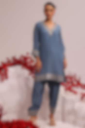 Powder Blue Crepe Aari Work Kurta Set by Label Moni K at Pernia's Pop Up Shop