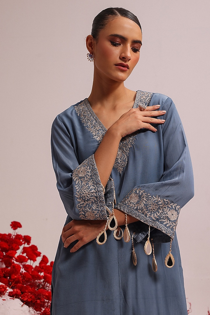 Powder Blue Crepe Aari Work Kurta Set by Label Moni K at Pernia's Pop Up Shop