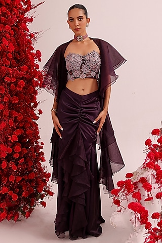 Wine Satin Slit Skirt Set by Label Moni K