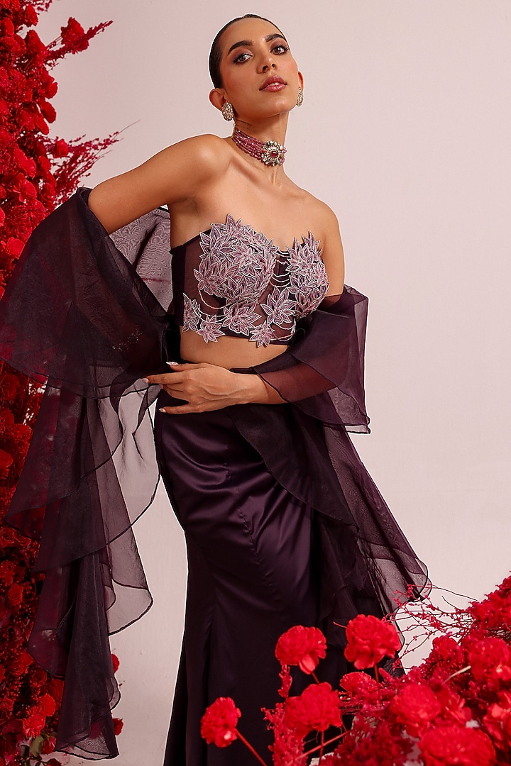 Wine Satin Slit Skirt Set by Label Moni K at Pernia's Pop Up Shop
