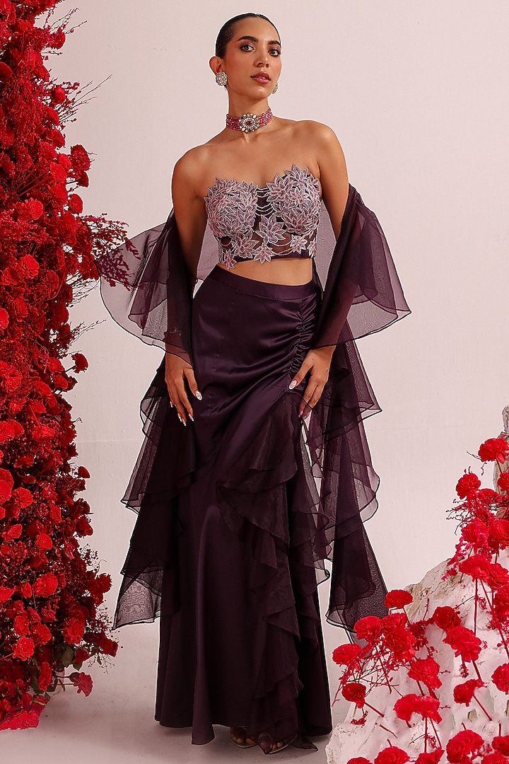 Wine Satin Slit Skirt Set by Label Moni K at Pernia's Pop Up Shop