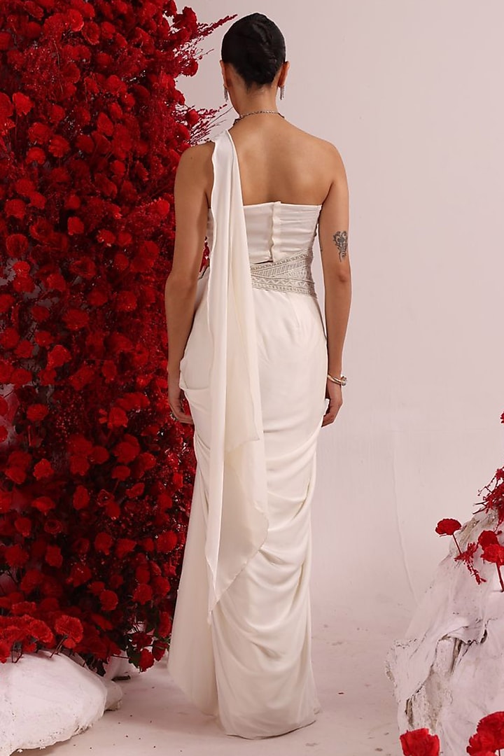 Ivory Satin & Organza Hand Embroidered Draped Skirt Set by Label Moni K at Pernia's Pop Up Shop