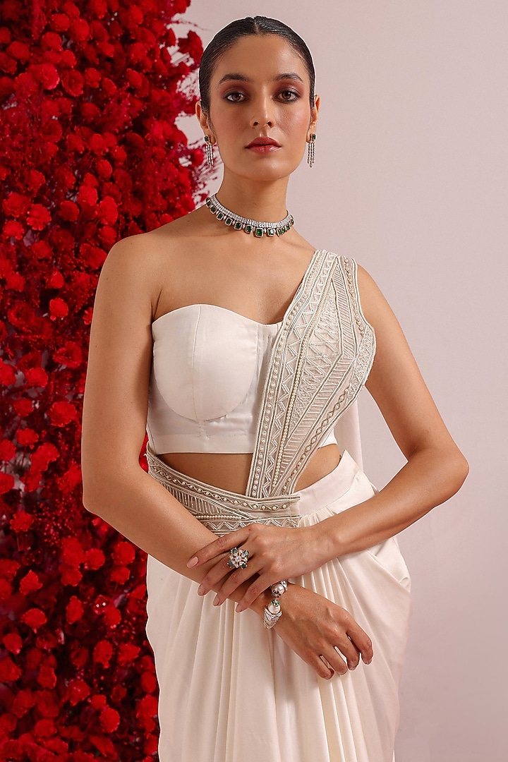 Ivory Satin & Organza Hand Embroidered Draped Skirt Set by Label Moni K at Pernia's Pop Up Shop