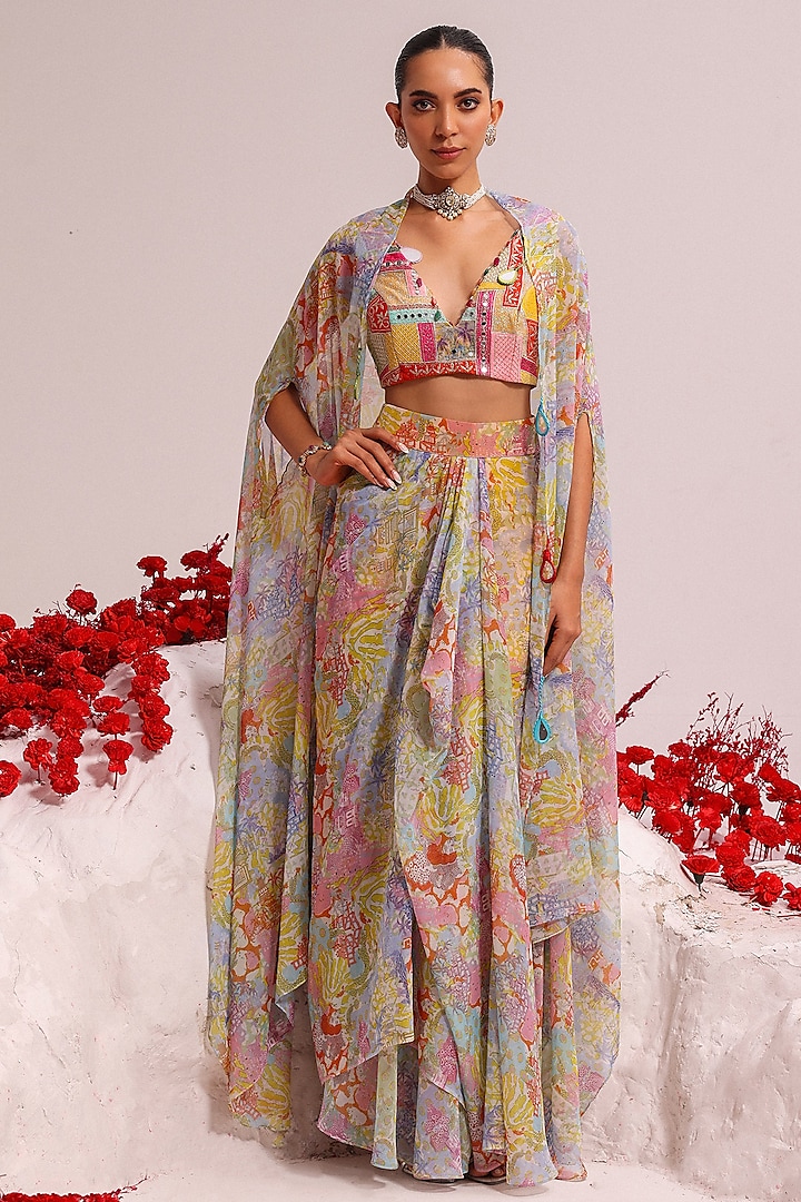 Multi-Colored Georgette Printed Draped Skirt Set by Label Moni K at Pernia's Pop Up Shop