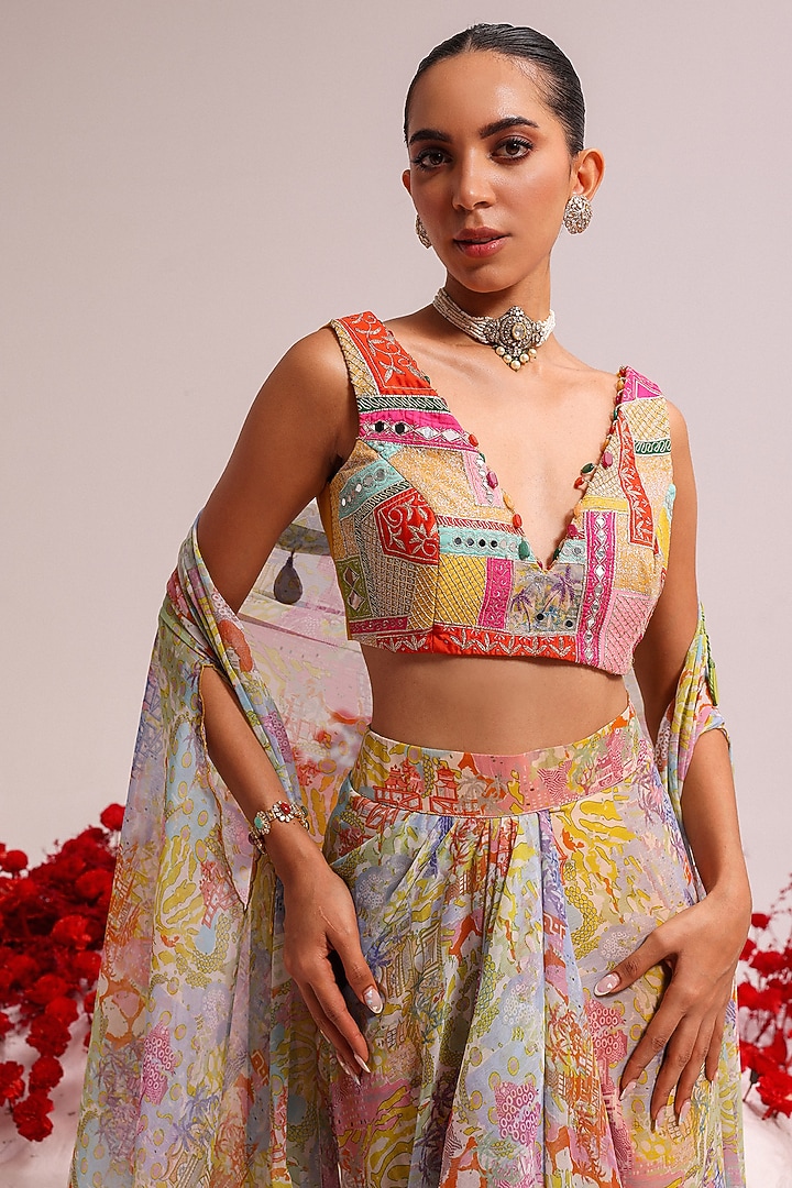 Multi-Colored Georgette Printed Draped Skirt Set by Label Moni K at Pernia's Pop Up Shop