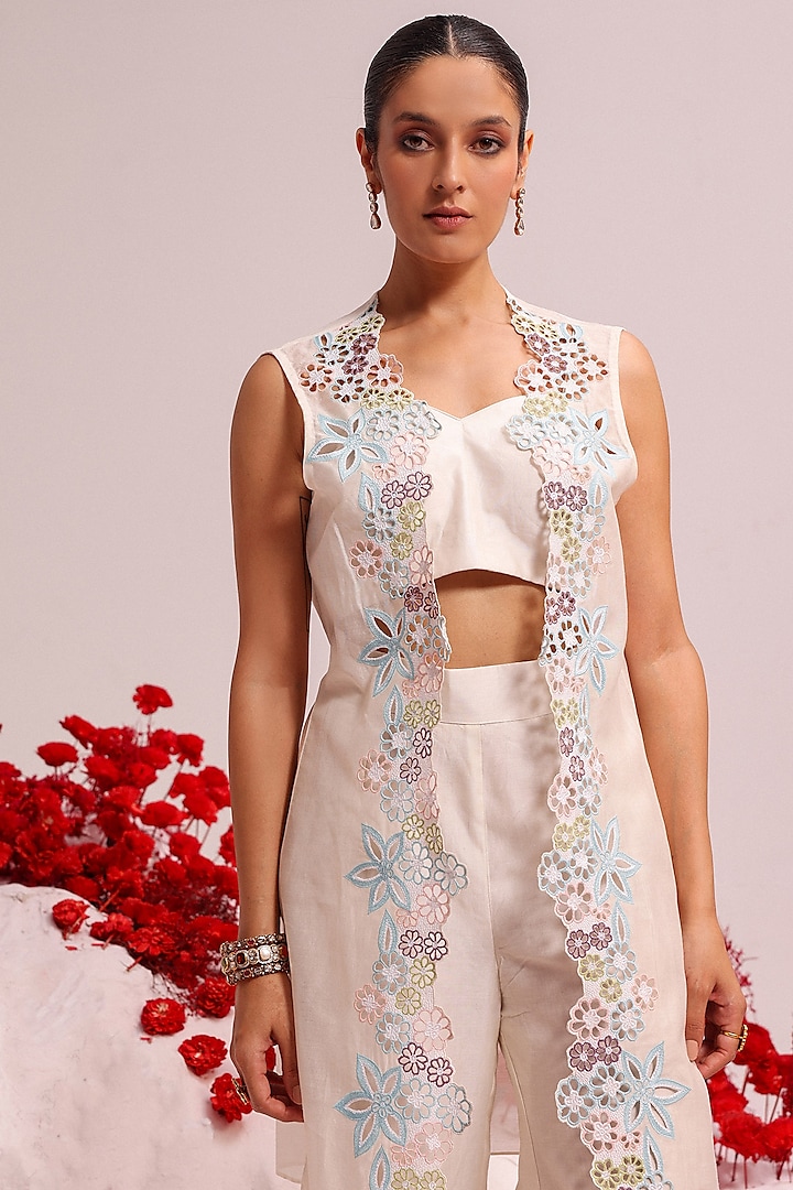 Ivory Silk Chanderi Cutwork Co-ord Set by Label Moni K at Pernia's Pop Up Shop