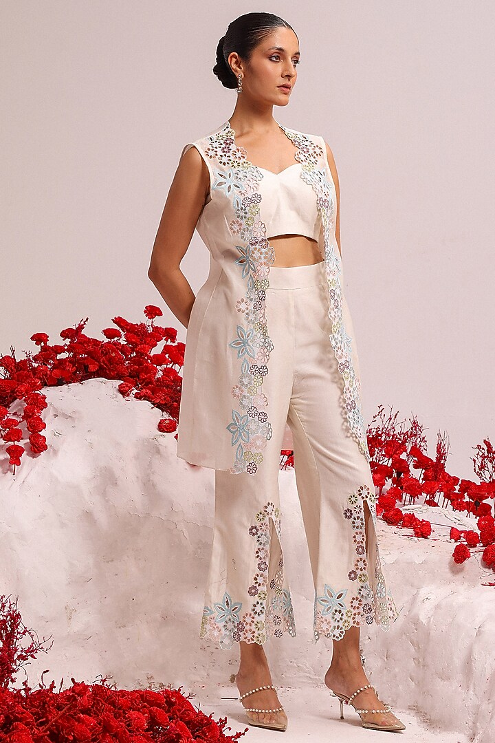 Ivory Silk Chanderi Cutwork Co-ord Set by Label Moni K at Pernia's Pop Up Shop