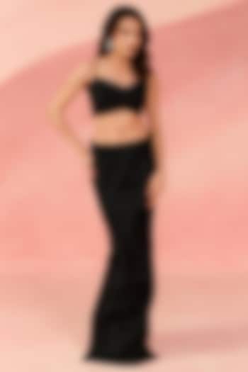Black Japanese Crepe & Net Embellished Column Skirt Set by Label Moni K at Pernia's Pop Up Shop