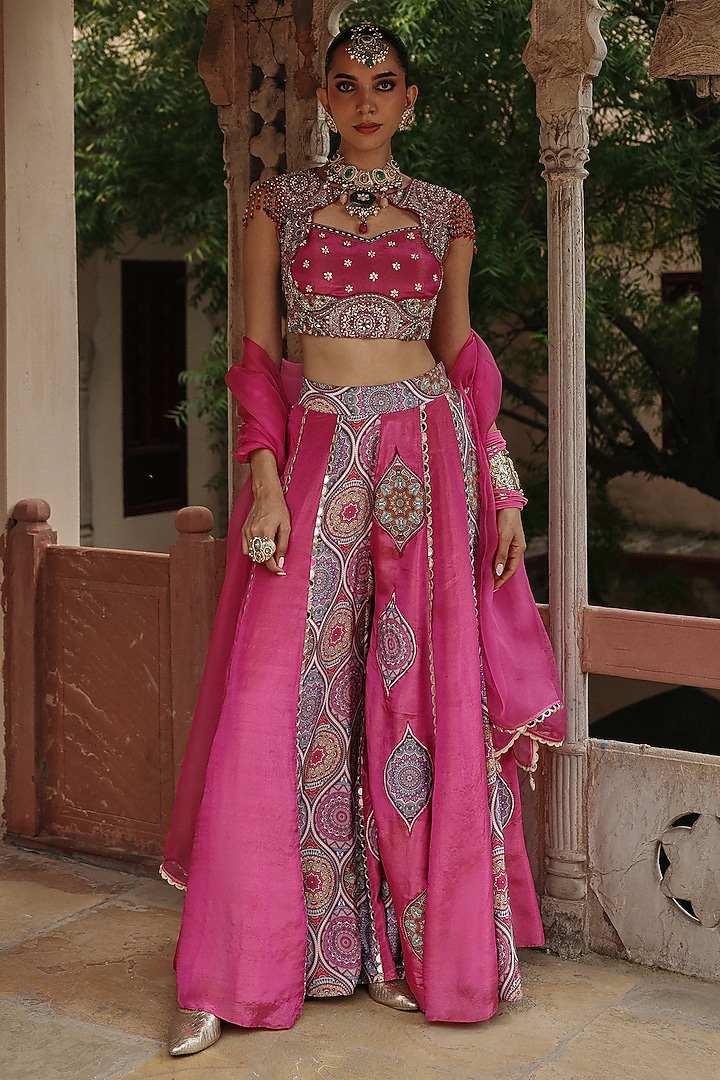 Fuchsia Pink Crepe & Tissue Embroidered Wedding Lehenga Set by Label Moni K at Pernia's Pop Up Shop