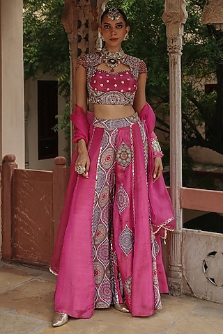 Fuchsia Pink Crepe & Tissue Embroidered Lehenga Set by label moni k