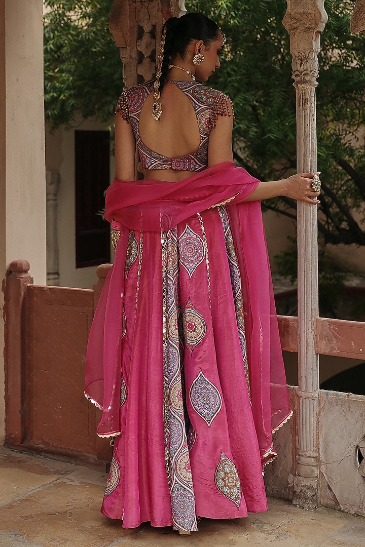 Fuchsia Pink Crepe & Tissue Embroidered Wedding Lehenga Set by Label Moni K at Pernia's Pop Up Shop