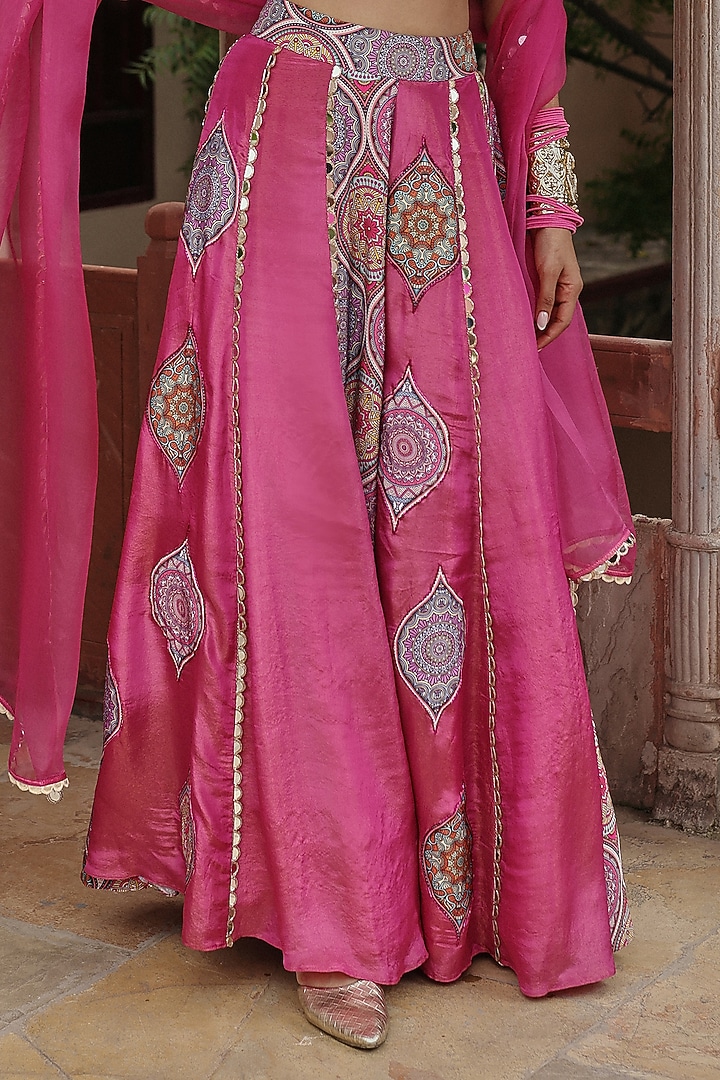 Fuchsia Pink Crepe & Tissue Embroidered Wedding Lehenga Set by Label Moni K at Pernia's Pop Up Shop
