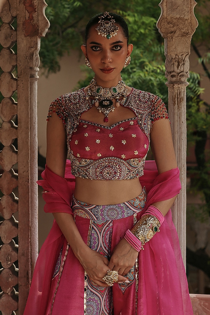 Fuchsia Pink Crepe & Tissue Embroidered Wedding Lehenga Set by Label Moni K at Pernia's Pop Up Shop