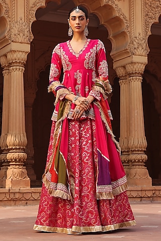 Hot Pink Jacquard Silk Bandhani Printed Skirt Set by Label Moni K