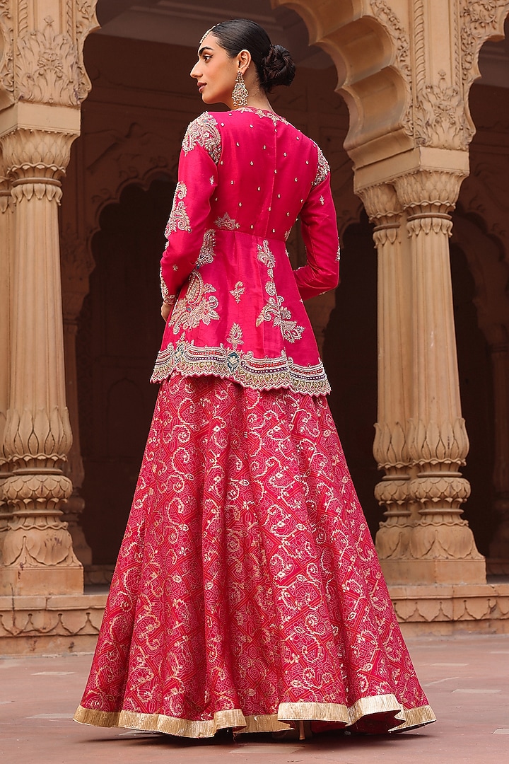 Hot Pink Jacquard Silk Bandhani Printed Skirt Set by Label Moni K at Pernia's Pop Up Shop