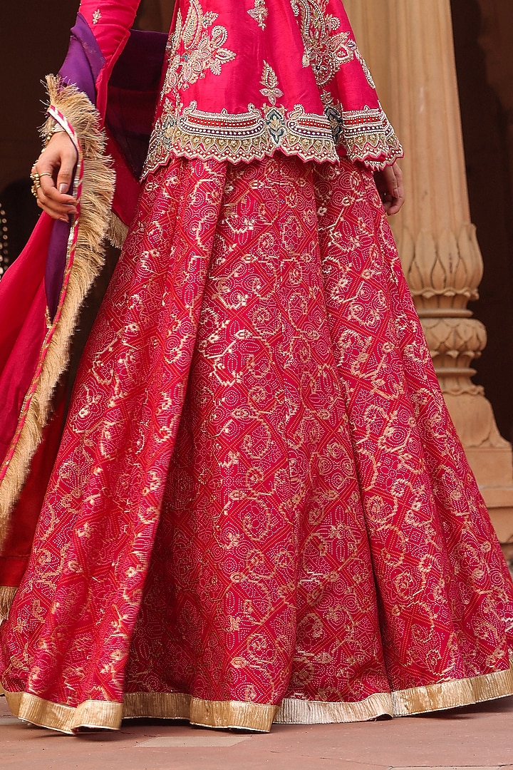 Hot Pink Jacquard Silk Bandhani Printed Skirt Set by Label Moni K at Pernia's Pop Up Shop