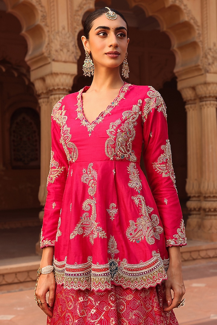 Hot Pink Jacquard Silk Bandhani Printed Skirt Set by Label Moni K at Pernia's Pop Up Shop