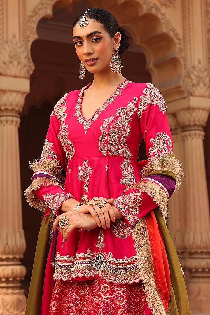 Hot Pink Jacquard Silk Bandhani Printed Skirt Set by Label Moni K at Pernia's Pop Up Shop