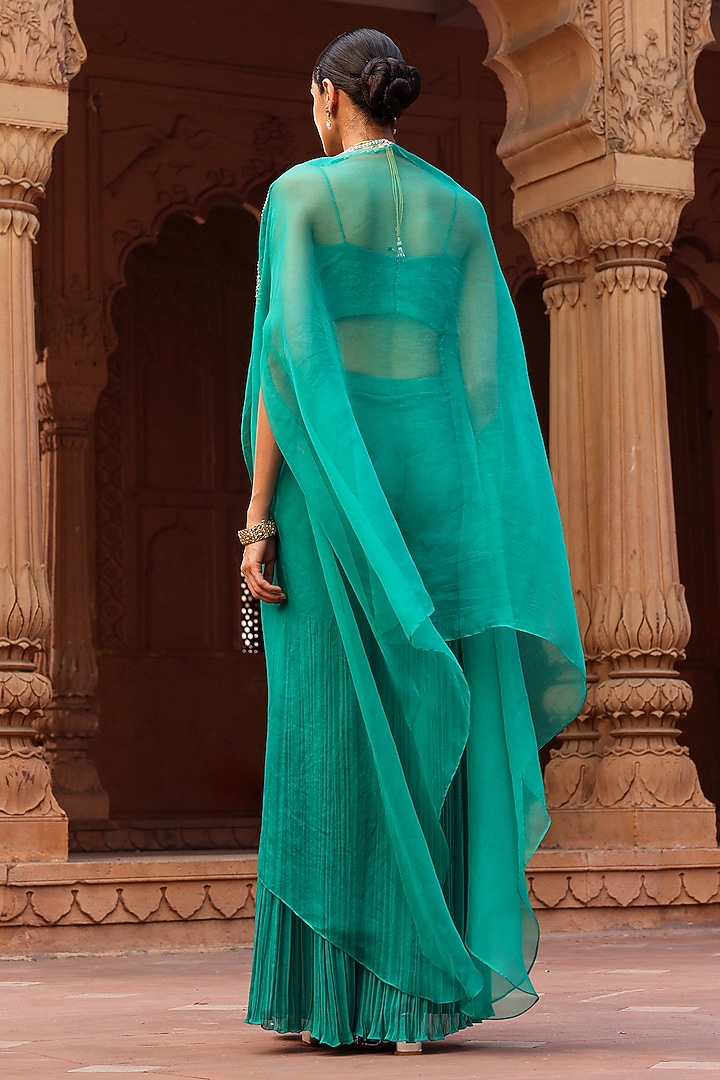Green Organza Thread Hand Embroidered Cape Set by Label Moni K at Pernia's Pop Up Shop